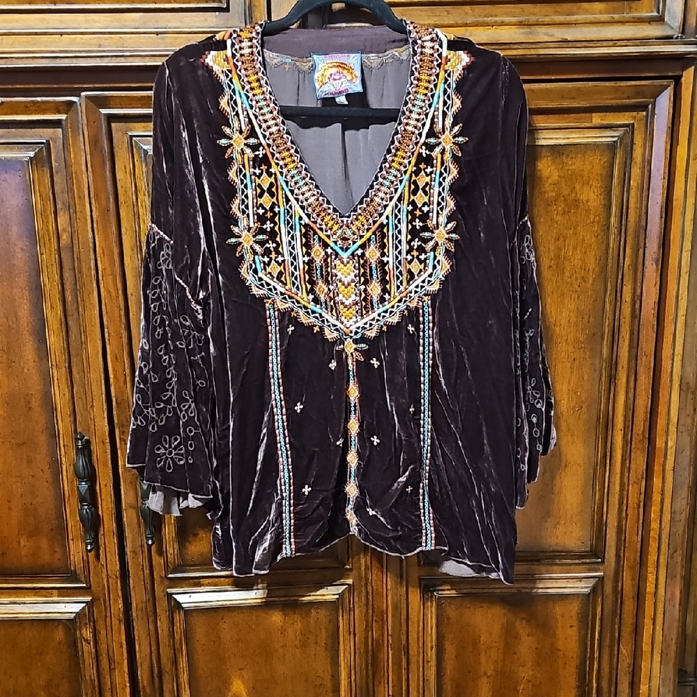 Johnny Was Dark Brown Velvet Blouse with Colorful Embroidery - Sz. Lg.  -  NWOT!